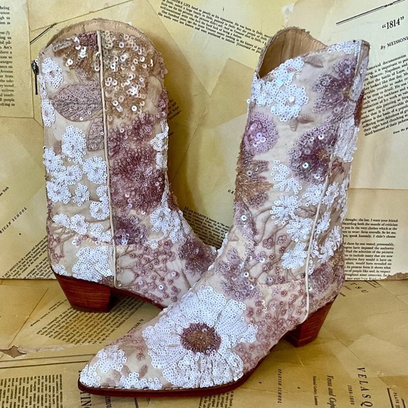 Free People MOMO Selina Embellished Boot Floral Sequin Cream Nude Zip - Picture 5 of 10